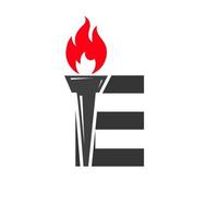 Initial Letter E Fire Torch Concept With Fire and Torch Icon Vector Symbol