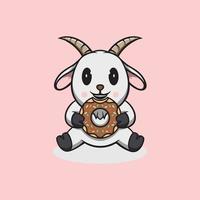 Cute goat eating donut cartoon illustration vector
