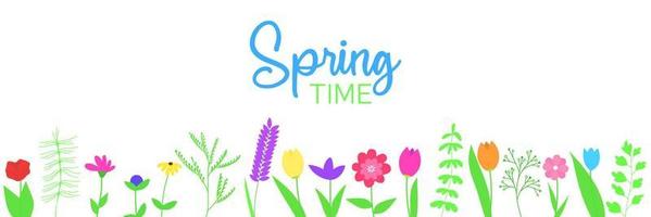 Spring banner with flower and lettering text. Vector illustration.