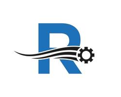 logotipo de la rueda dentada del engranaje de la letra r. icono industrial automotriz, logotipo de engranaje, símbolo de reparación de automóviles vector