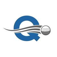 letra q concepto de logotipo de golf con icono de pelota de golf en movimiento. plantilla de vector de símbolo de logotipo de deportes de hockey