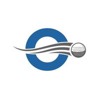 concepto de logotipo de letra o golf con icono de pelota de golf en movimiento. plantilla de vector de símbolo de logotipo de deportes de hockey