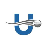 letra u concepto de logotipo de golf con icono de pelota de golf en movimiento. plantilla de vector de símbolo de logotipo de deportes de hockey