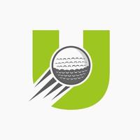 letra u concepto de logotipo de golf con icono de pelota de golf en movimiento. plantilla de vector de símbolo de logotipo de deportes de hockey