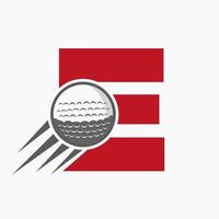 concepto de logotipo de letra e golf con icono de pelota de golf en movimiento. plantilla de vector de símbolo de logotipo de deportes de hockey