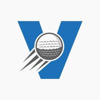 concepto de logotipo de golf letra v con icono de pelota de golf en movimiento. plantilla de vector de símbolo de logotipo de deportes de hockey