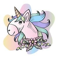 cabeza de unicornio de dibujos animados con flores. vector