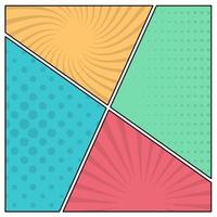 Colorful comic book page background in pop art style. Empty template with rays and dots pattern. Vector illustration