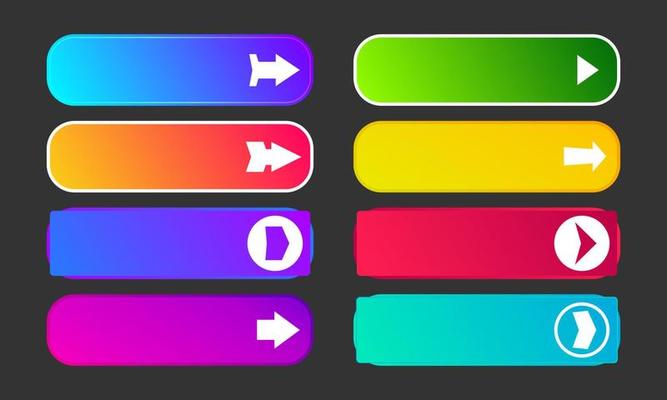 Colorful gradient buttons with arrows. Set of eight modern abstract web buttons. Vector illustration