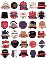 Set of Thirty Vector Badges with Ribbons. Web stickers and labels. Isolated vector illustration.