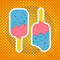 Pop Art Ice Cream Dessert on a Wooden Stick. Ice Cream on a Yellow Vintage Background vector