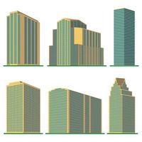 Set of six modern high-rise building on a white background. View of the building from the bottom. Isometric vector illustration.