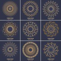 Set of nine vintage geometric circular elements. Vector gold monogram on dark blue background. Vector illustration