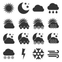 Set of sixteen Weather Icons. Dark icons for different weather conditions. Vector illustration.