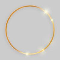 Shiny frame with glowing effects. Gold round frame with shadow on grey background. Vector illustration