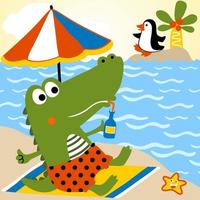 Funny crocodile vacation in the beach, little penguin in small island, vector cartoon illustration