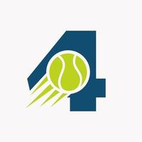 letra inicial 4 concepto de logotipo de tenis con icono de pelota de tenis en movimiento. tenis deportes logotipo símbolo vector plantilla