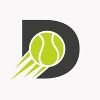 letra inicial d concepto de logotipo de tenis con icono de pelota de tenis en movimiento. tenis deportes logotipo símbolo vector plantilla