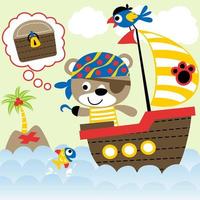 Cute bear with parrot in pirate costume on sailboat, pirate sailing element, vector cartoon illustration