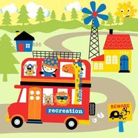 Funny animals on red bus, rural scene with smiling sun, vector cartoon illustration