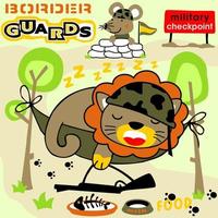 Funny animals in military camp, lion sleeping in hummock, little mouse in checkpoint, vector cartoon illustration