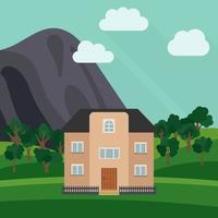 Lone two-storey house in the background of a mountain with an green tree. Vector illustration.