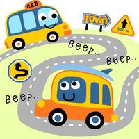 Smiling cars on street with traffic signs, vector cartoon illustration