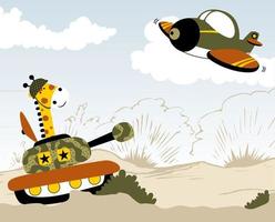 Funny giraffe on armored vehicle with fighter jet in battlefield, vector cartoon illustration