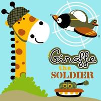 Funny giraffe wearing military helmet with military vehicle, vector cartoon illustration