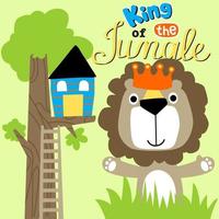 Funny lion wearing crown, tree house with ladder, vector cartoon illustration