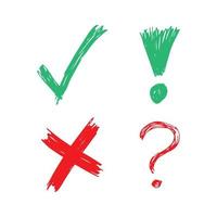 Hand drawn check, cross, question mark and exclamation mark symbols. Set of four green and red sketch symbols. Vector illustration