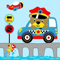 Funny bear police car with road sign on bridge, airplane take off, little fish jump out from water, vector cartoon illustration