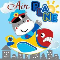 Cute hippo on small airplane, flying across buildings, vector cartoon illustration