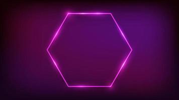 Neon hexagon frame with shining effects on dark background. Empty glowing techno backdrop. Vector illustration.