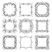 Set of nine square black monogram elements on a white background. Vector illustration.