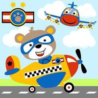 Cute bear on airplane, smiling plane flying, airport runway, vector cartoon illustration