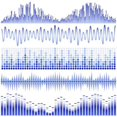 Vector set of blue sound waves. Audio equalizer. Sound and audio waves isolated on white background.