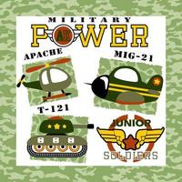 Set of armored vehicle with military element on camouflage frame border, vector cartoon illustration