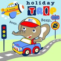 Cute elephants driving car in the road with traffic sign, funny airplane flying, vector cartoon illustration