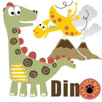 Funny dinosaurs on volcanoes background, kids t shirt design, vector cartoon illustration