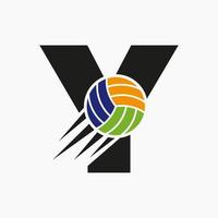 letra inicial y concepto de logotipo de voleibol con icono de voleibol en movimiento. plantilla de vector de símbolo de logotipo de deportes de voleibol