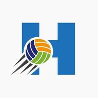 letra inicial h concepto de logotipo de voleibol con icono de voleibol en movimiento. plantilla de vector de símbolo de logotipo de deportes de voleibol