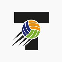 letra inicial t concepto de logotipo de voleibol con icono de voleibol en movimiento. plantilla de vector de símbolo de logotipo de deportes de voleibol