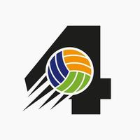 letra inicial 4 concepto de logotipo de voleibol con icono de voleibol en movimiento. plantilla de vector de símbolo de logotipo de deportes de voleibol