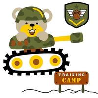 Cute bear wearing soldier helmet on armored vehicle with military elements, vector cartoon illustration