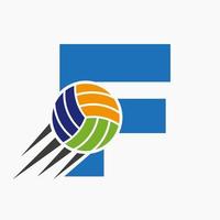 letra inicial f concepto de logotipo de voleibol con icono de voleibol en movimiento. plantilla de vector de símbolo de logotipo de deportes de voleibol