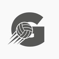 letra inicial g concepto de logotipo de voleibol con icono de voleibol en movimiento. plantilla de vector de símbolo de logotipo de deportes de voleibol