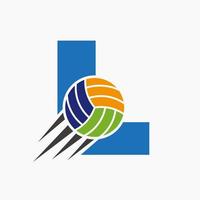 letra inicial l concepto de logotipo de voleibol con icono de voleibol en movimiento. plantilla de vector de símbolo de logotipo de deportes de voleibol