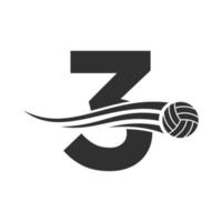 letra inicial 3 concepto de logotipo de voleibol con icono de voleibol en movimiento. plantilla de vector de símbolo de logotipo de deportes de voleibol