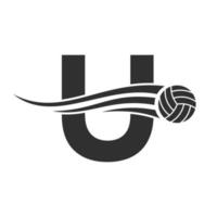 Initial Letter U Volleyball Logo Concept With Moving Volley Ball Icon. Volleyball Sports Logotype Symbol Vector Template